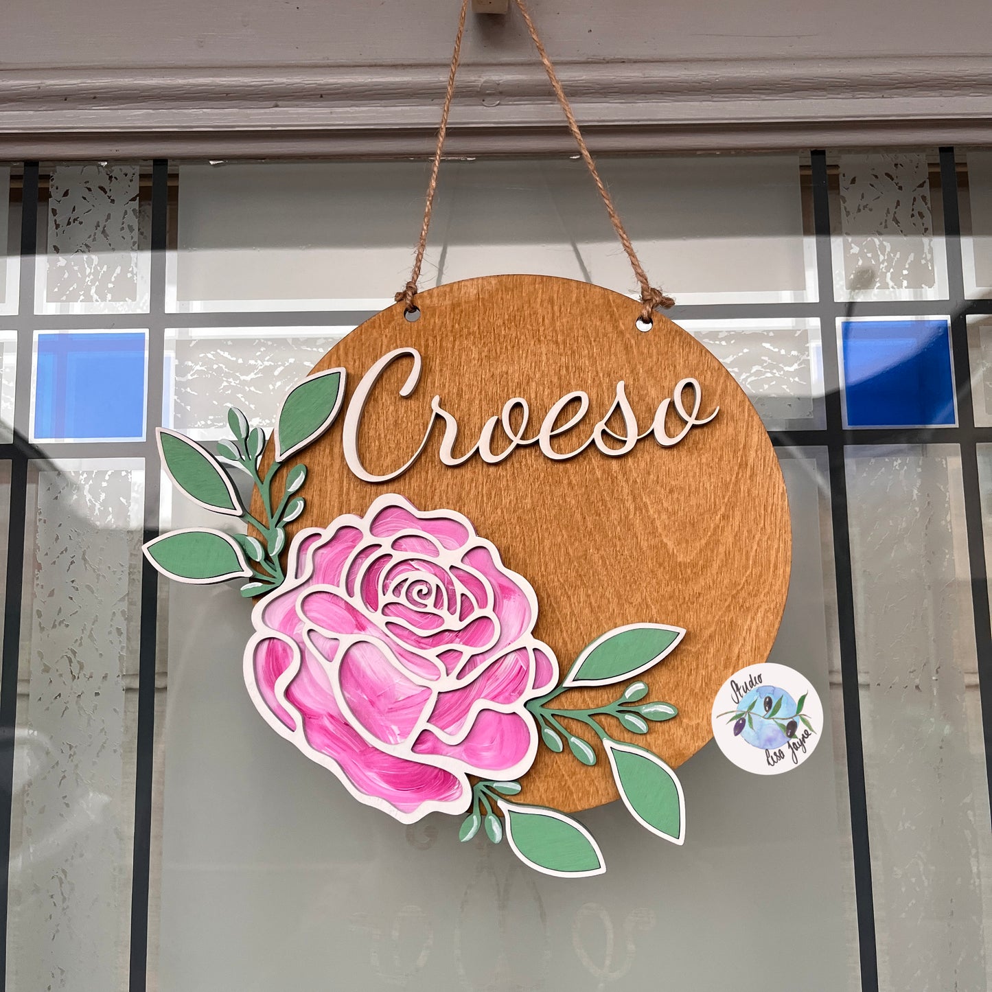 Welcome Croeso Layered Rose Hanging Wooden Sign