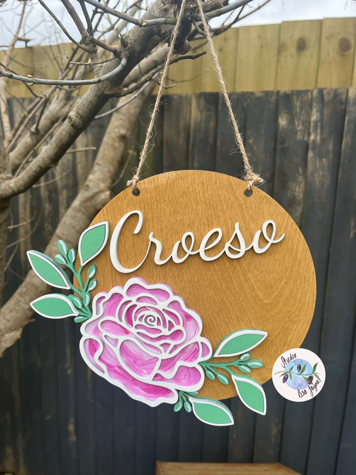 Welcome Croeso Layered Rose Hanging Wooden Sign