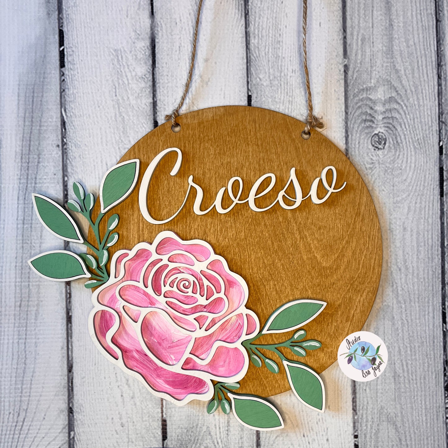 Welcome Croeso Layered Rose Hanging Wooden Sign