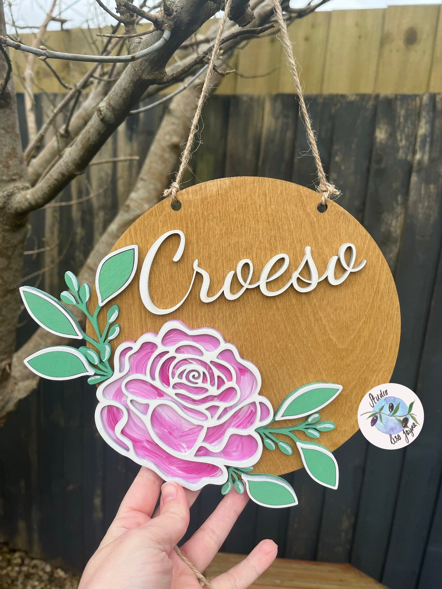 Welcome Croeso Layered Rose Hanging Wooden Sign