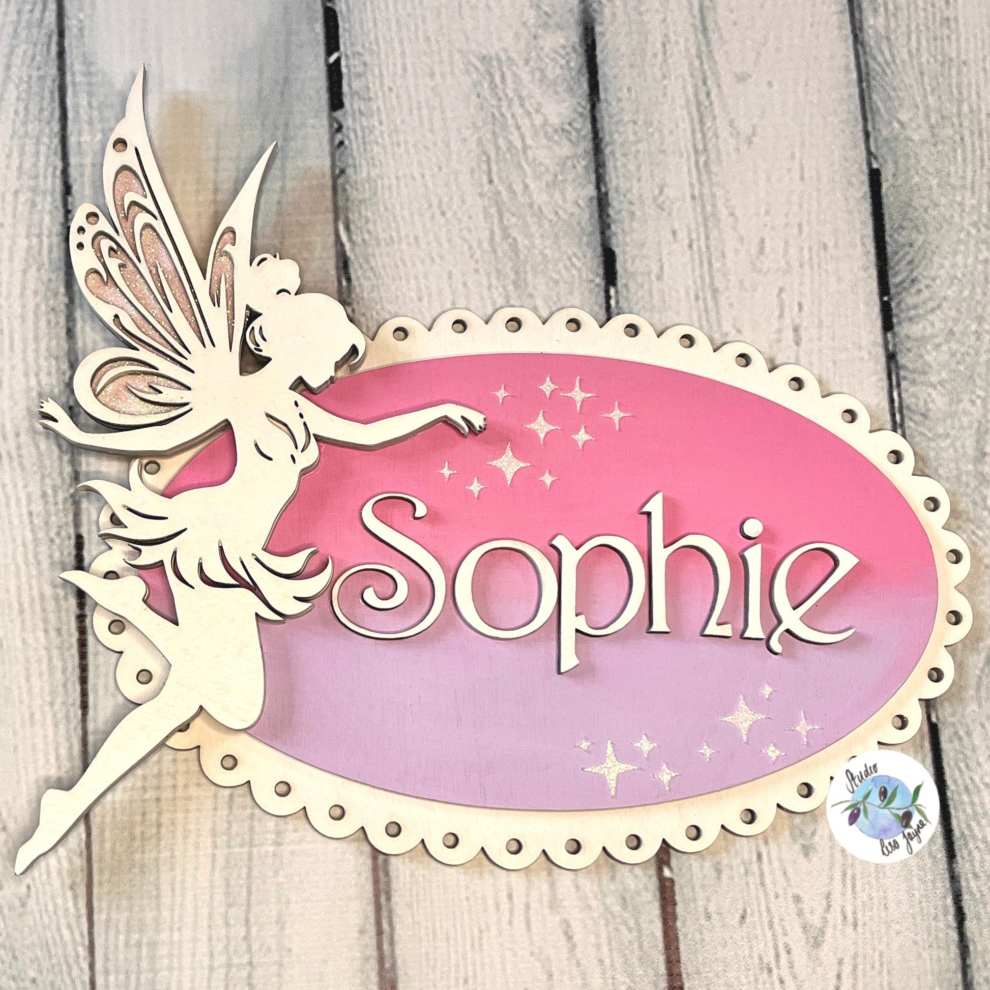 Fairy Kid’s Bedroom Door Sign - Personalised Kids Nursery Wall Plaque Pink Purple - close up