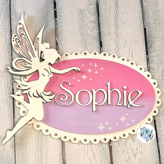 Fairy Kid’s Bedroom Door Sign - Personalised Kids Nursery Wall Plaque Pink Purple - close up