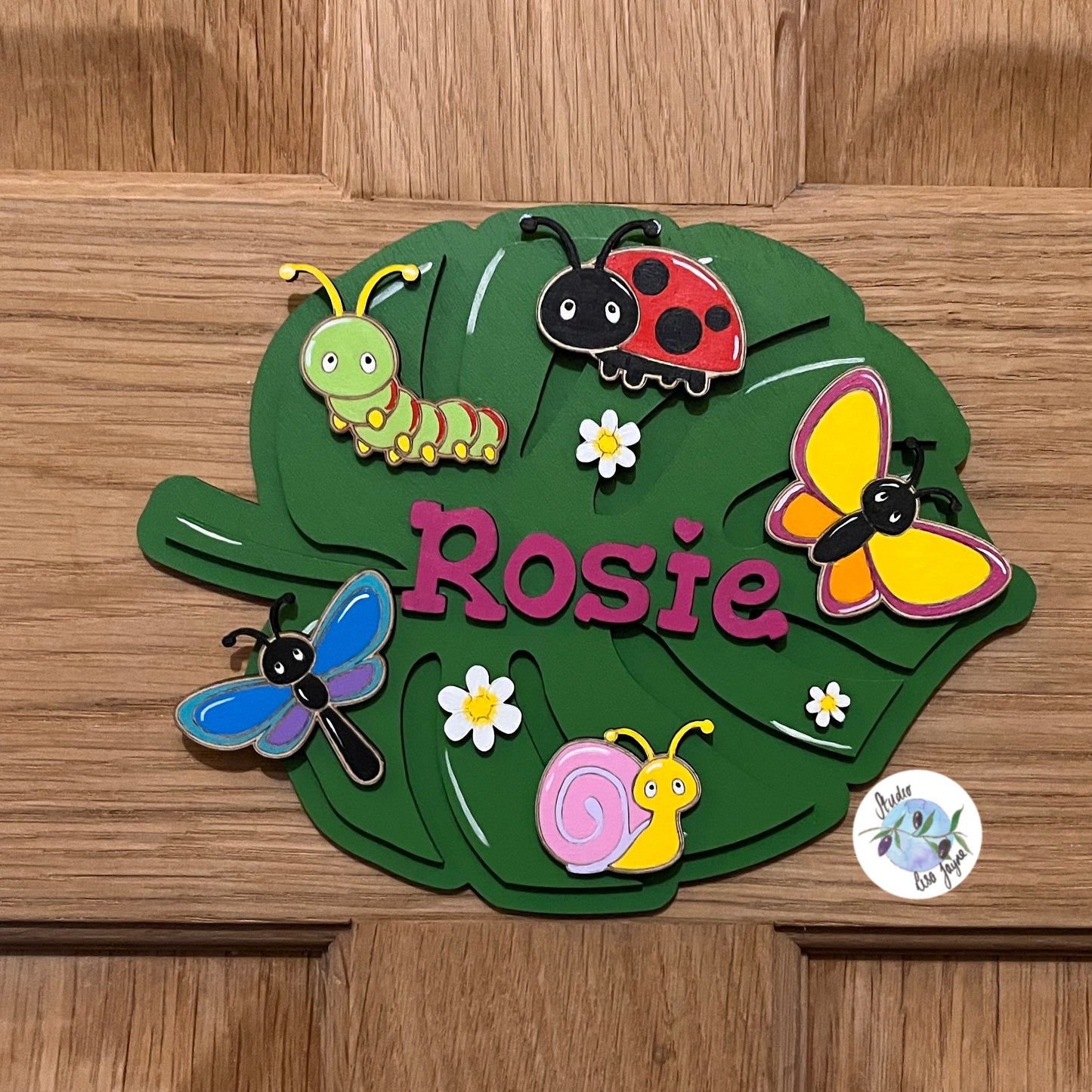 Children's Kids Bedroom Name Plate Plaque Bugs, Insects, Leaf.  Bright Colourful - customised, personalised hand painted handmade - on diaplay on bedroom door