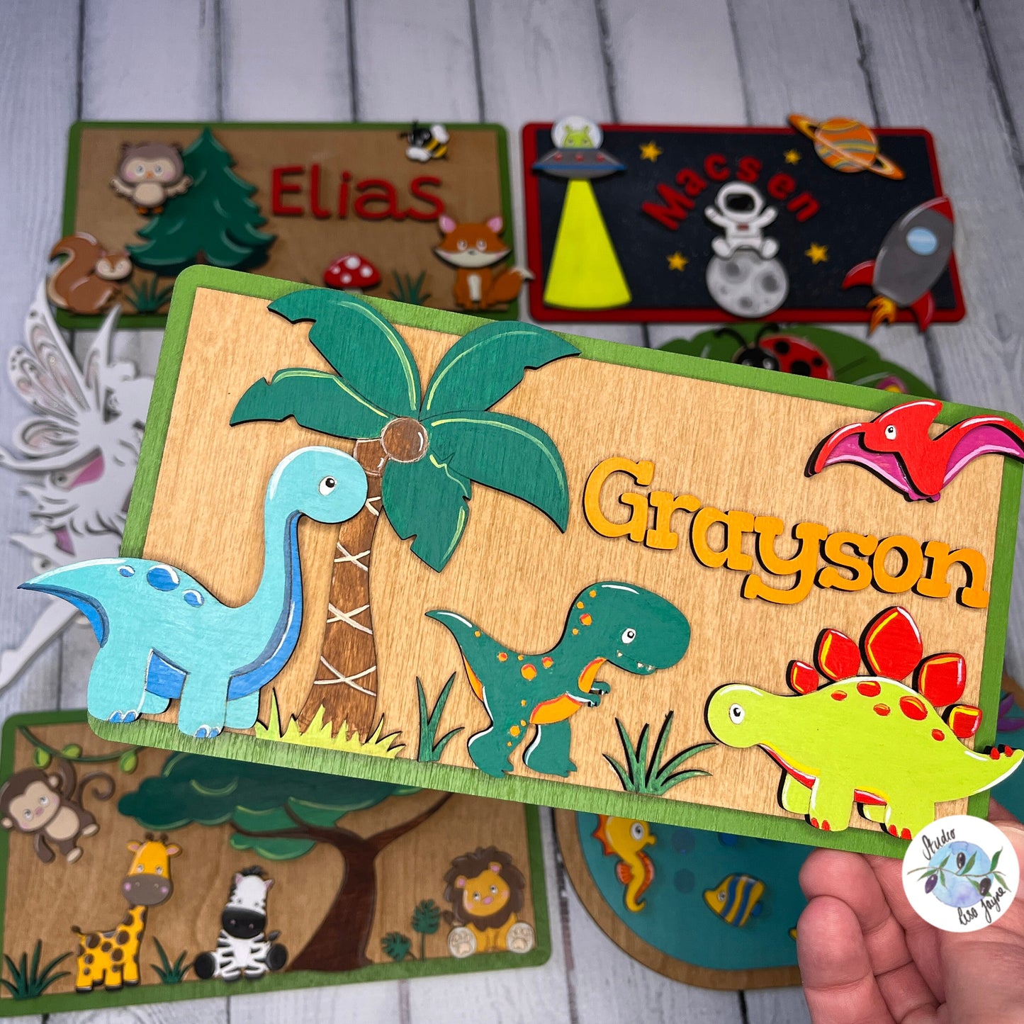 Dinosaur personalised kids name plaque sign plate.  Colourful hand painted children’s bedroom door - in front of space, woodland creatures, fairy, zoo, wildlife, sea creatures