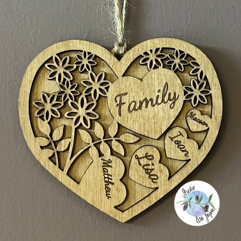 Personalised Family Hearts Hanging Wooden Decoration.