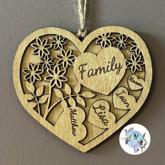 Personalised Family Hearts Hanging Wooden Decoration.