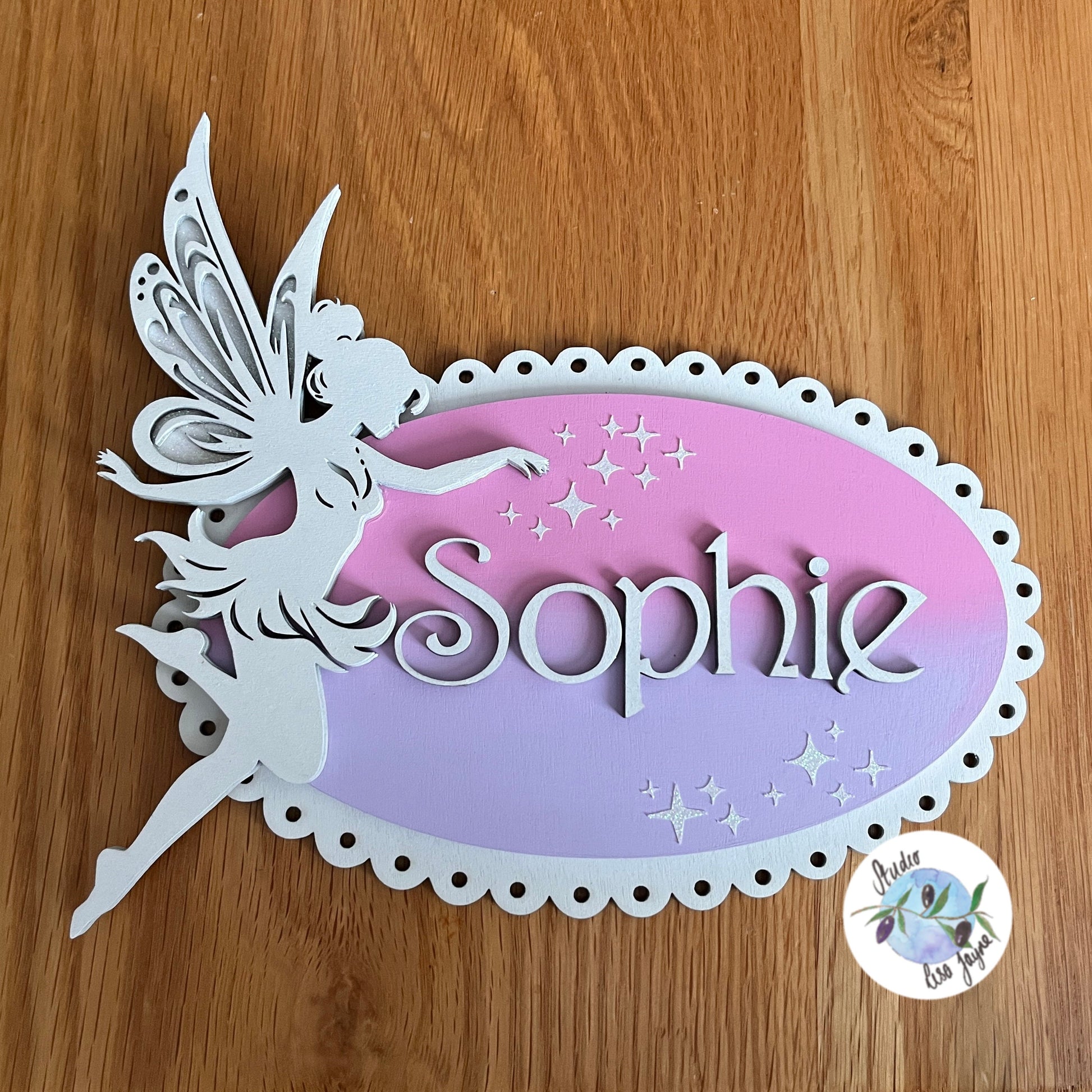 Fairy Children’s Bedroom Door Sign - Personalised Kids Nursery Wall Plaque Pink Purple - on door