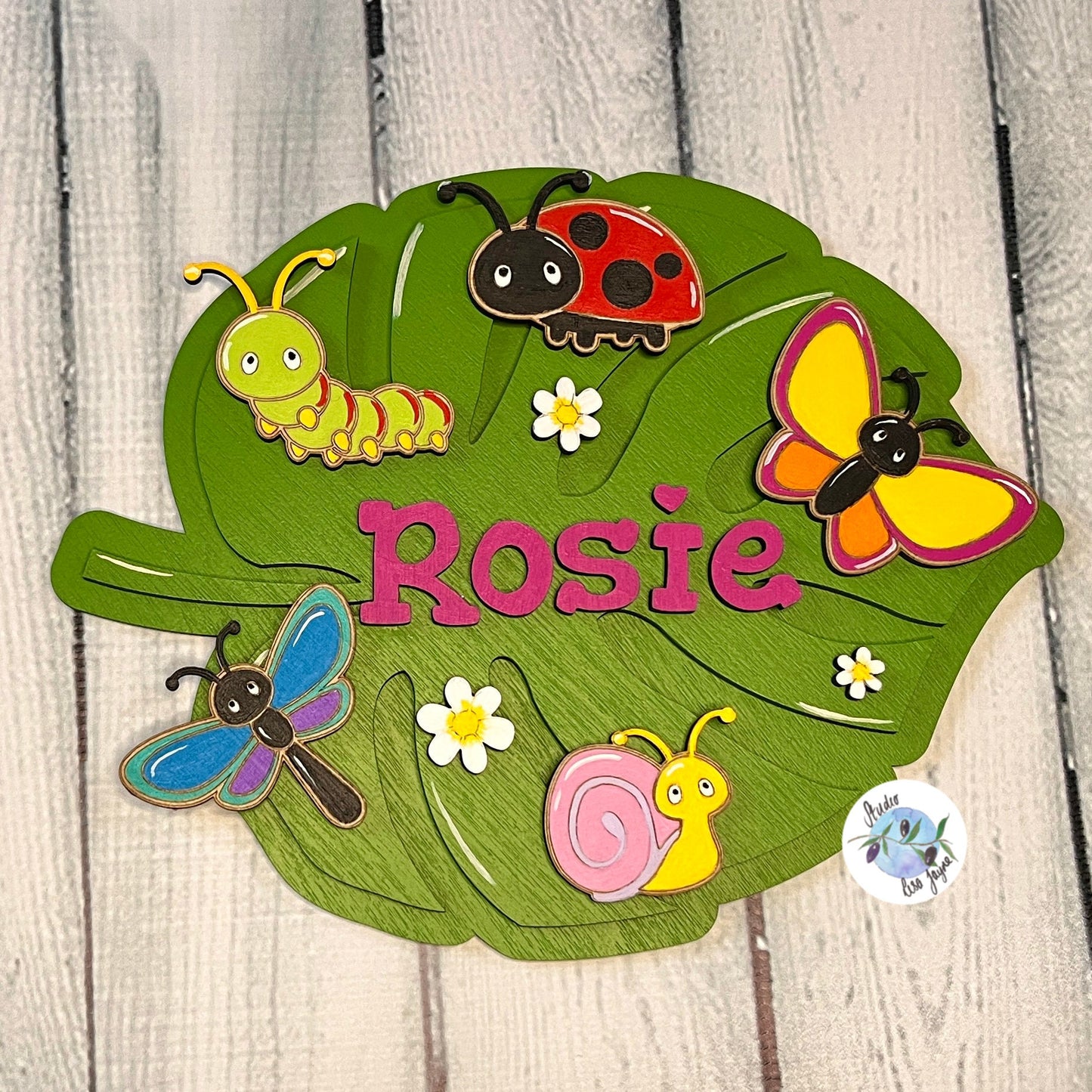 Children's Kids Bedroom Name Plate Plaque Bugs, Insects, Leaf.  Bright Colourful - customised, personalised hand painted handmade - closeup