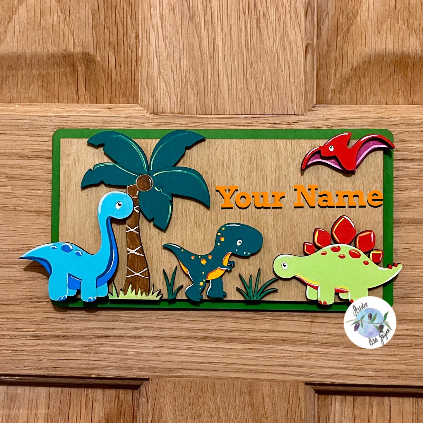 Dinosaur personalised kids name plaque sign plate.  Colourful hand painted children’s bedroom door - on door