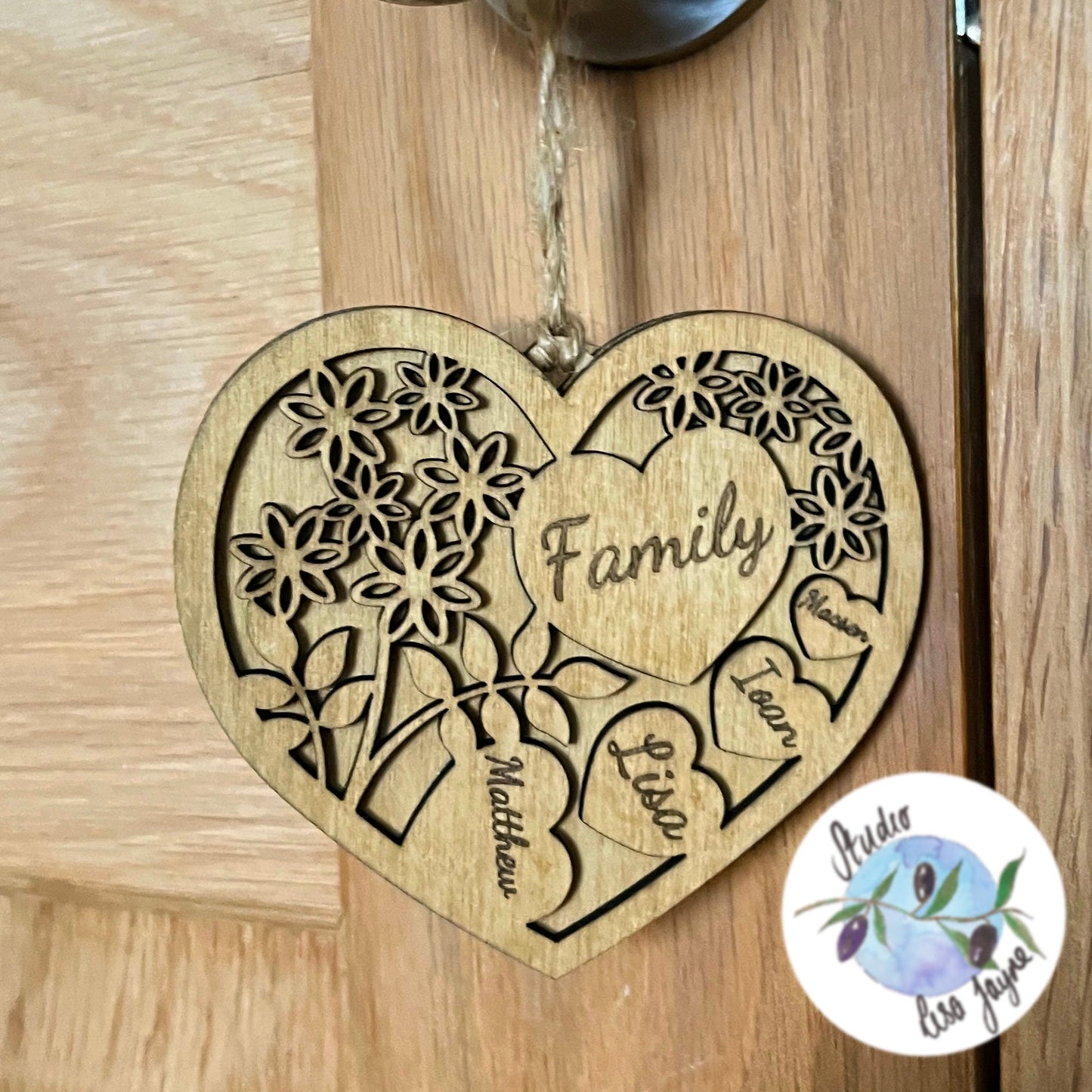 Personalised Family Hearts Hanging Wooden Decoration.