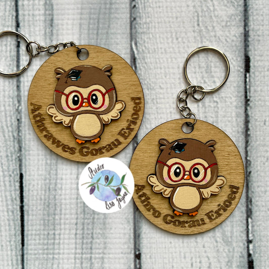 Welsh Best Teacher Ever|Athro Gorau Erioed|Athrawes Gorau Erioed Handpainted Wooden Keyring - Wise Owl