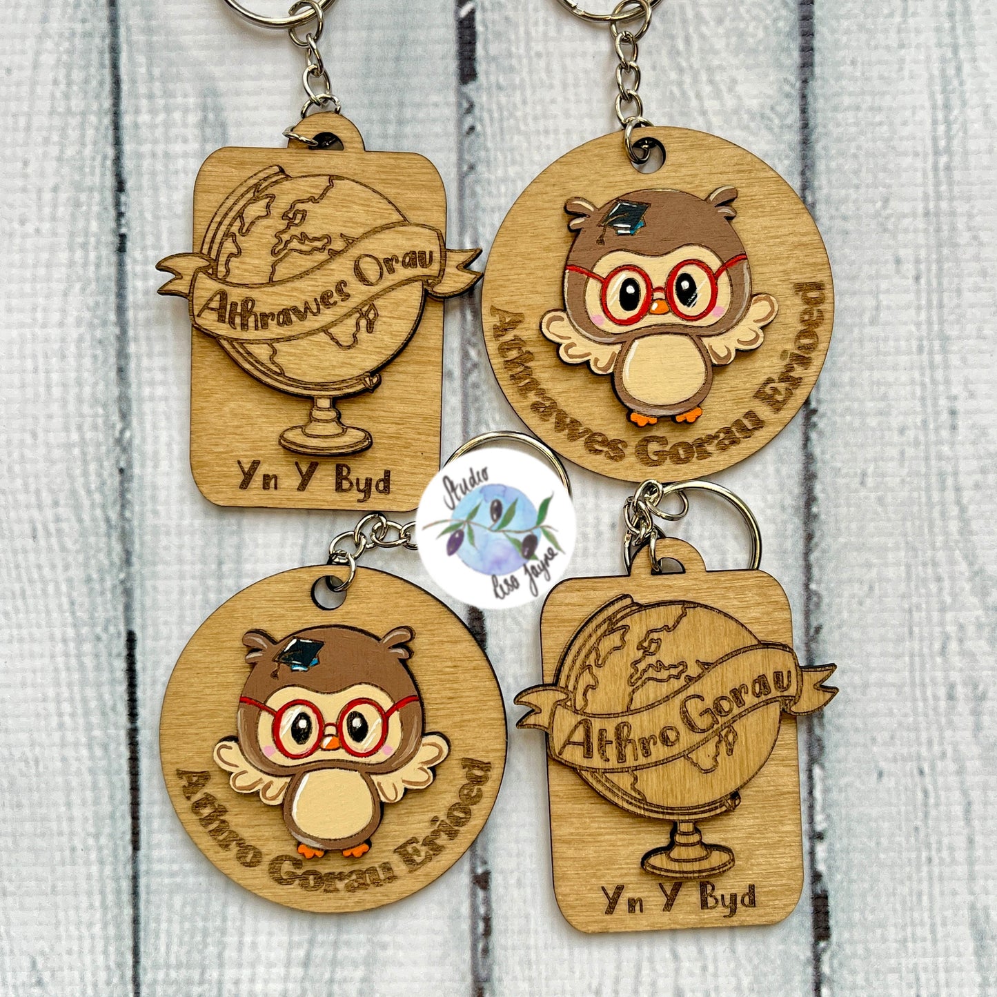 Welsh Best Teacher Ever|Athro Gorau Erioed|Athrawes Gorau Erioed Handpainted Wooden Keyring - Wise Owl