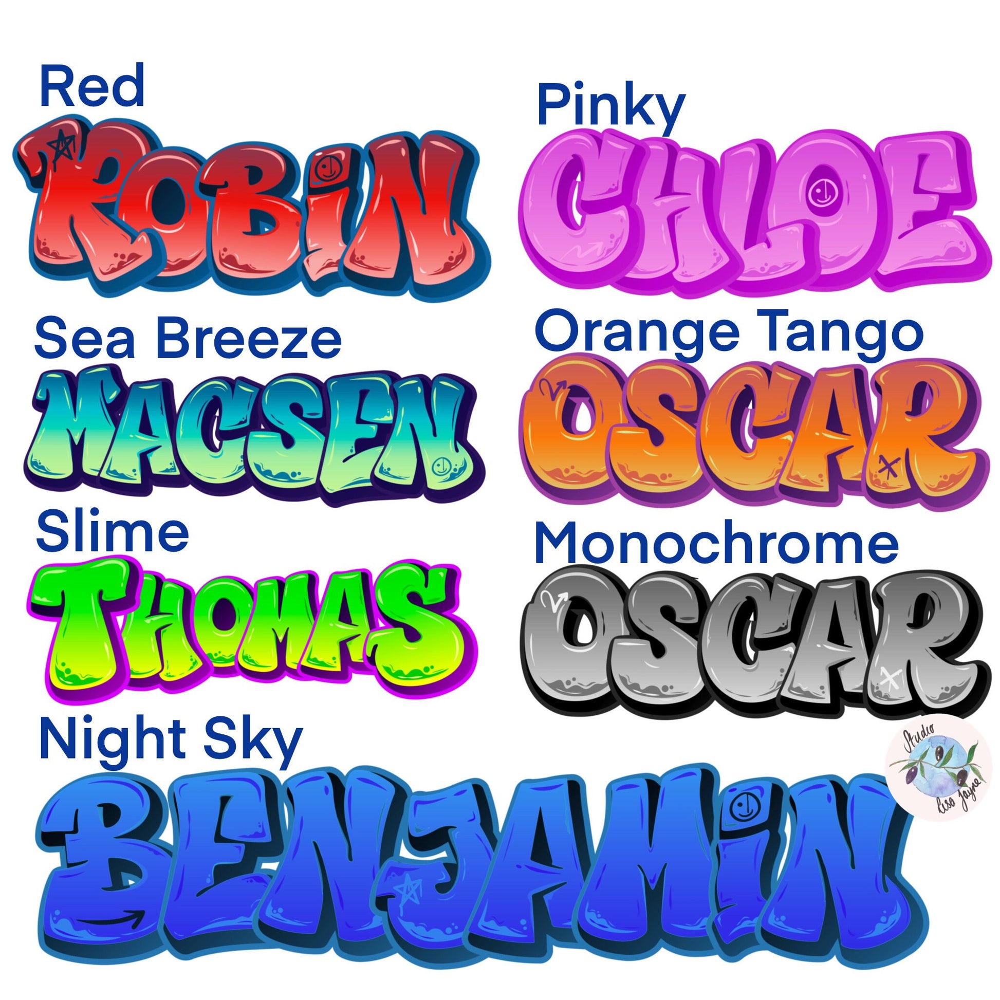 Multiple styles of personalised graffiti name stickers