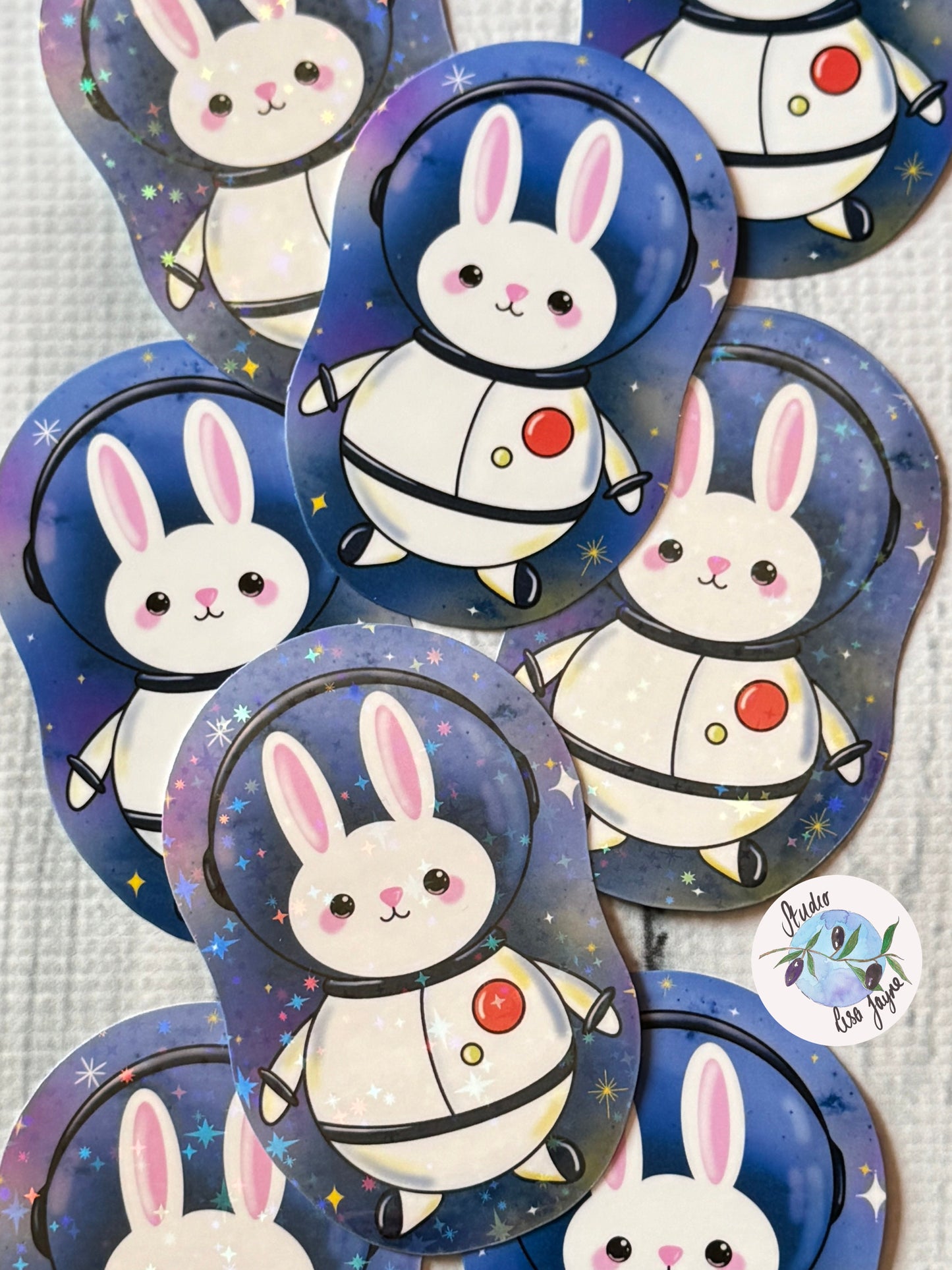 Kawaii Space Bunny Waterproof Sticker with Holographic Star and clear Vinyl covering - Collection