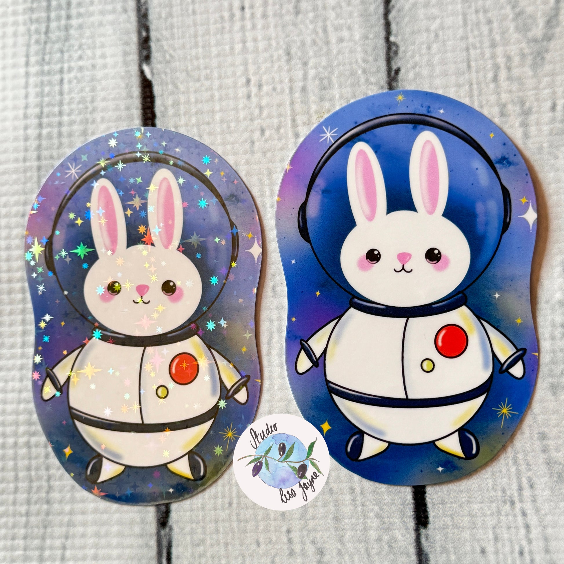 Kawaii Space Bunny Waterproof Sticker with Holographic Star and Clear Vinyl covering - Side by side