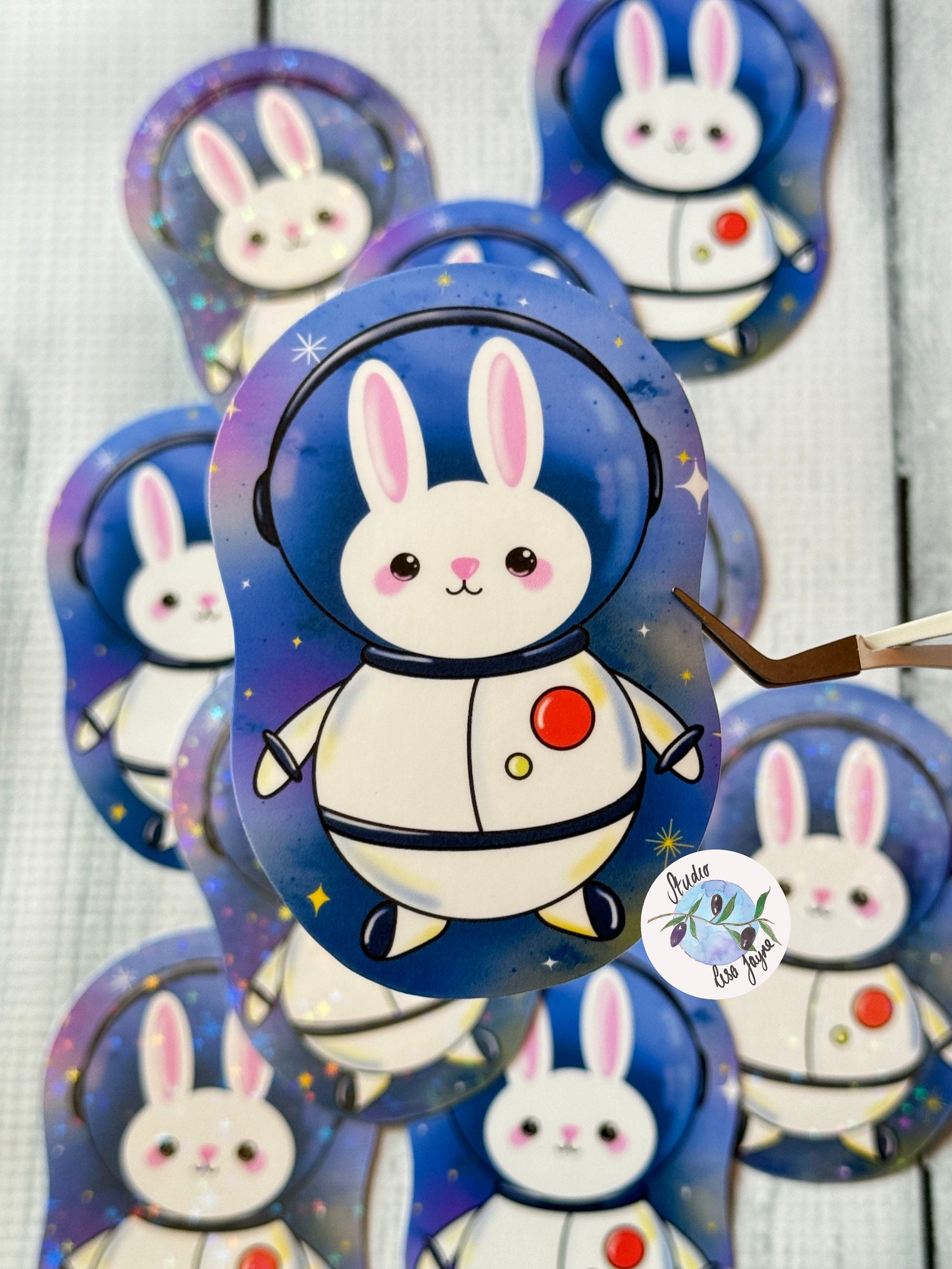 Kawaii Space Bunny Waterproof Sticker with Clear Vinyl covering - Focus