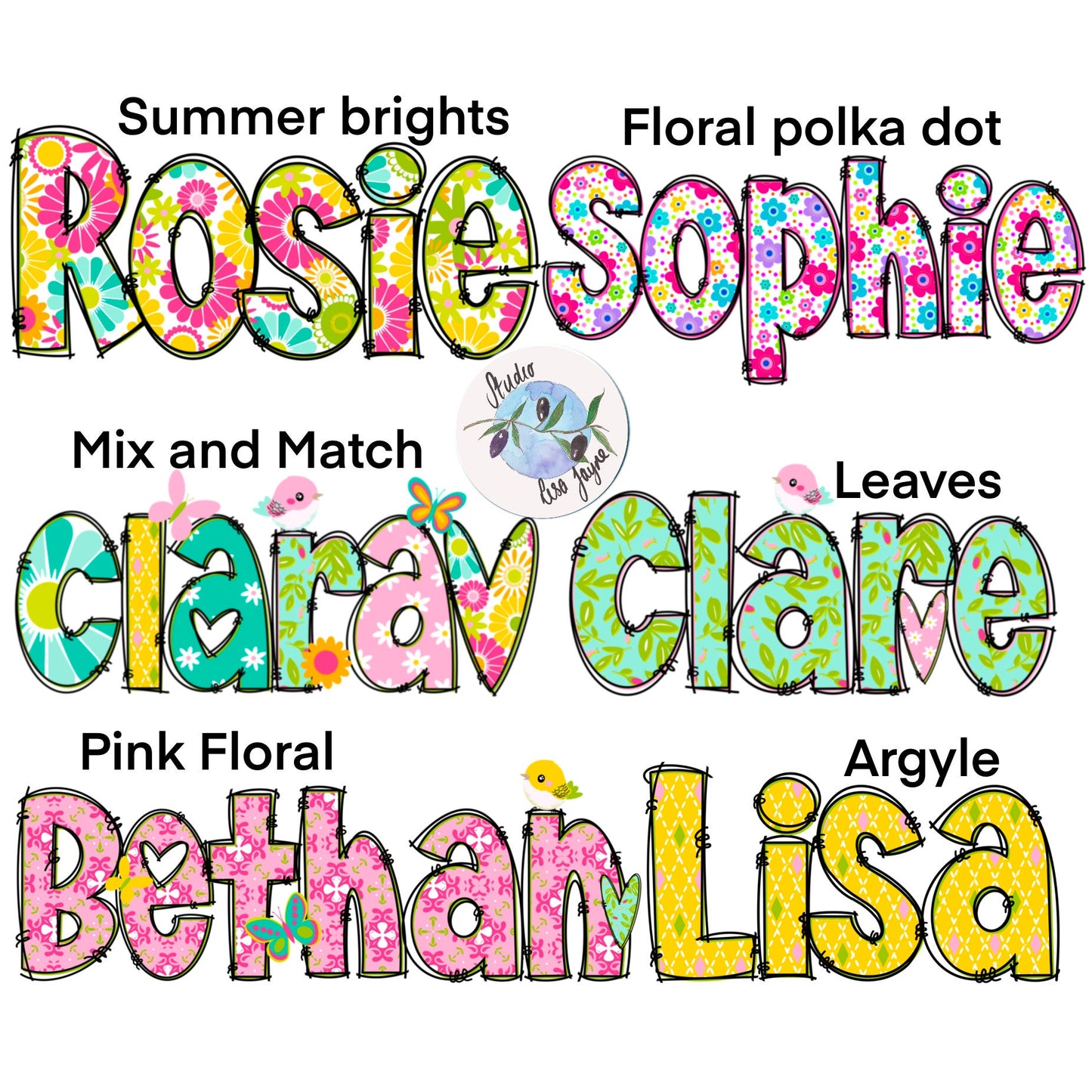 Floral Name Stickers - Personalised, customised, Waterproof, durable, bright, colourful, feminine, girly vinyl decal for laptops, drink bottles - pink, orange, green, yellow, heart, mix and match