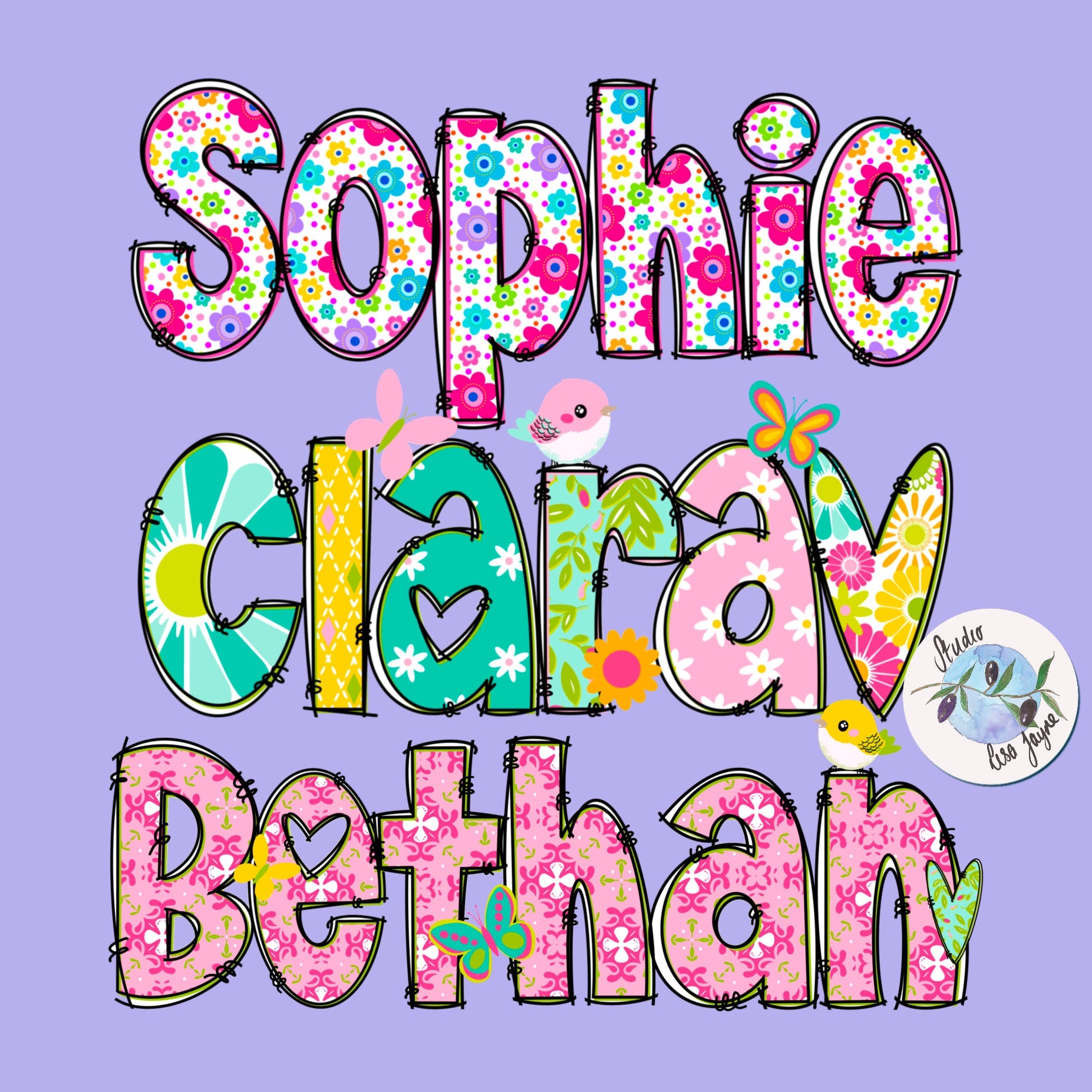 Floral Name Stickers - Personalised, customised, Waterproof, durable, bright, colourful, feminine, girly vinyl decal for laptops, drink bottles - close up examples