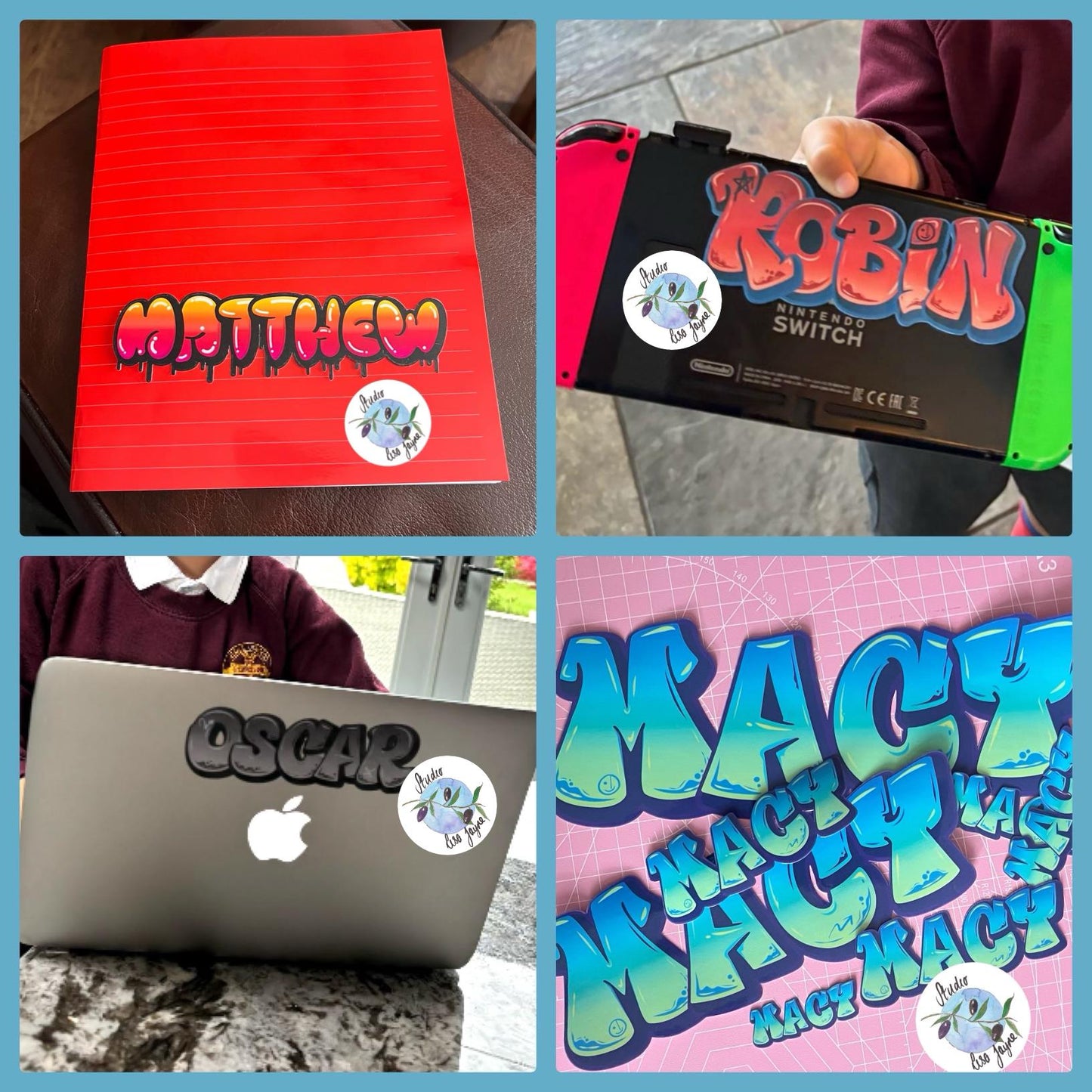 Personalised graffiti name stickers on Nintendo switch, laptop and school book