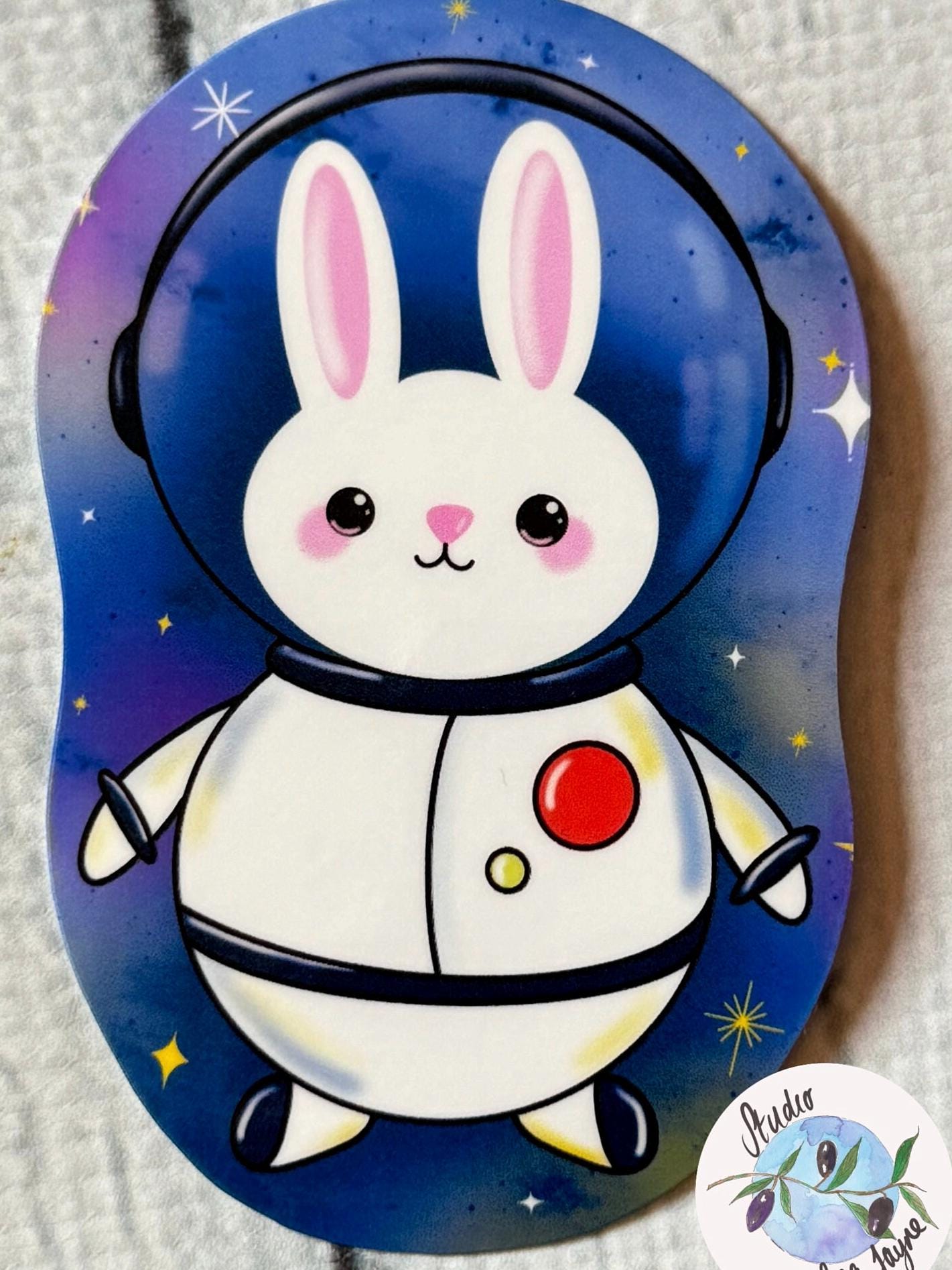 Kawaii Space Bunny Waterproof Sticker with Holographic Clear Vinyl covering - Close up