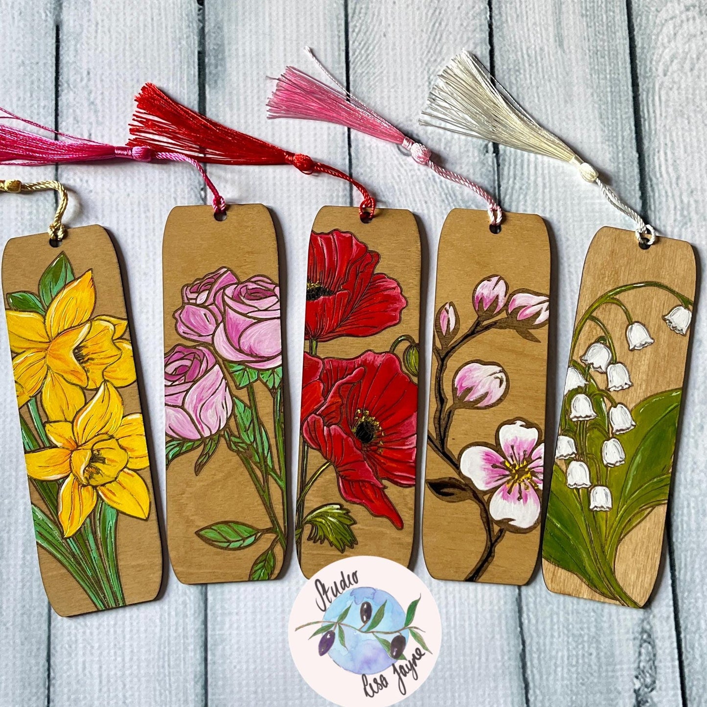 Handpainted Flower Floral Wooden Bookmark