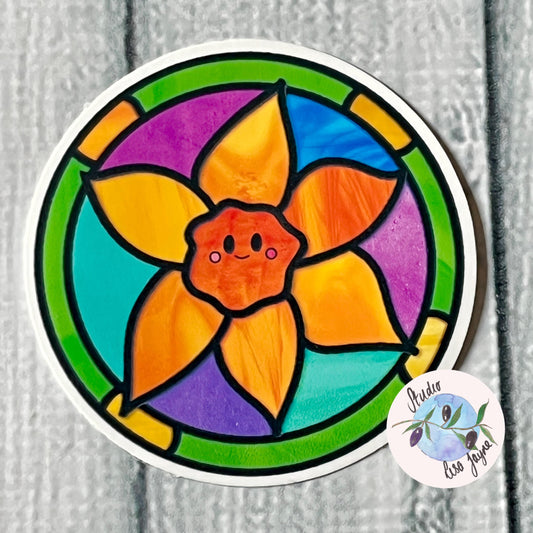 Welsh Daffodil Happy Face Stained Glass Style Waterproof Vinyl Sticker