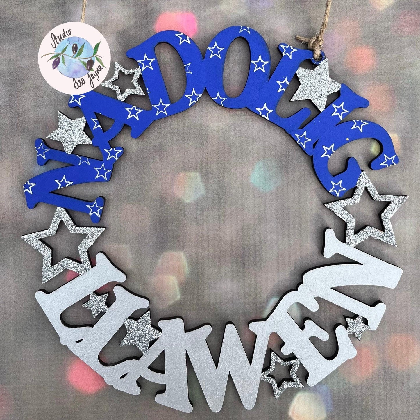 Nagolig Llawen Welsh Wreath Hand painted sign in Blue and Silver - glitter