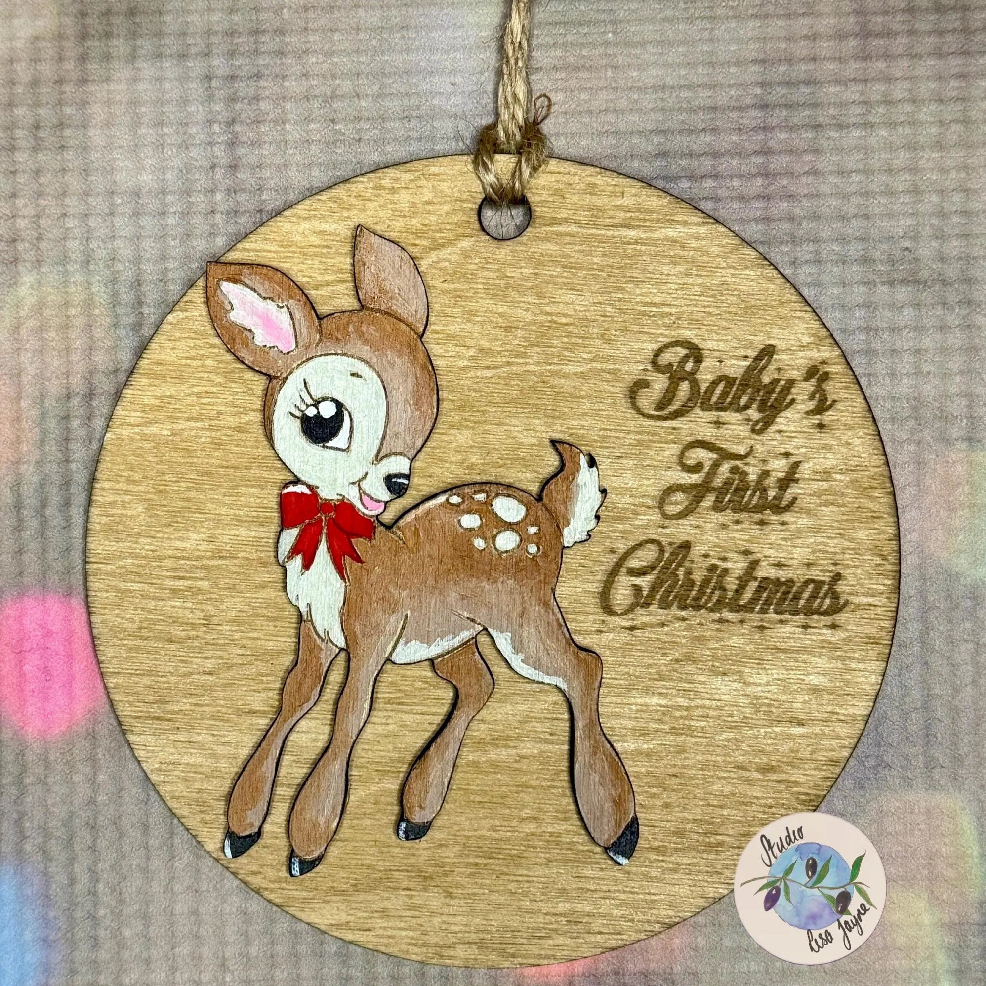 Baby's First Christmas Reindeer Vintage Deer Christmas Tree Decoration - Personalised Hand Painted Handmade Wooden Hanging Decor