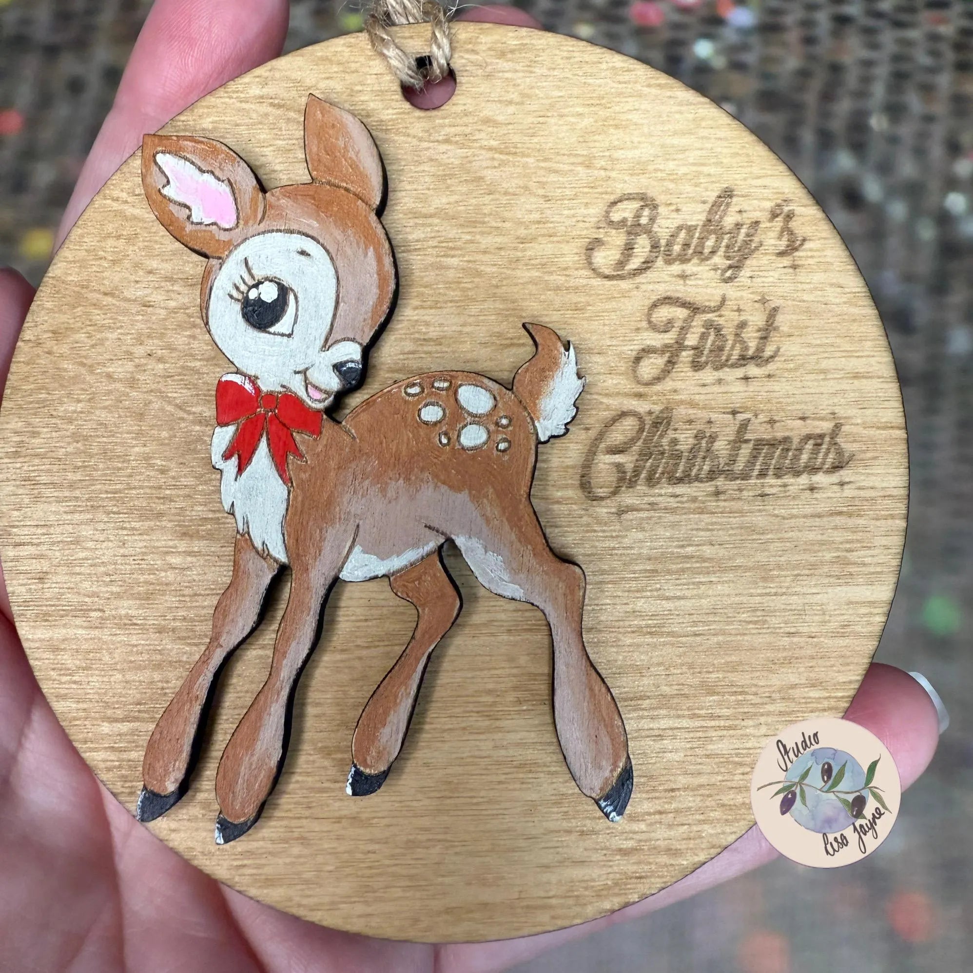 Baby's First Christmas Reindeer Vintage Deer Christmas Tree Decoration - Personalised Hand Painted Handmade Wooden Hanging Decor