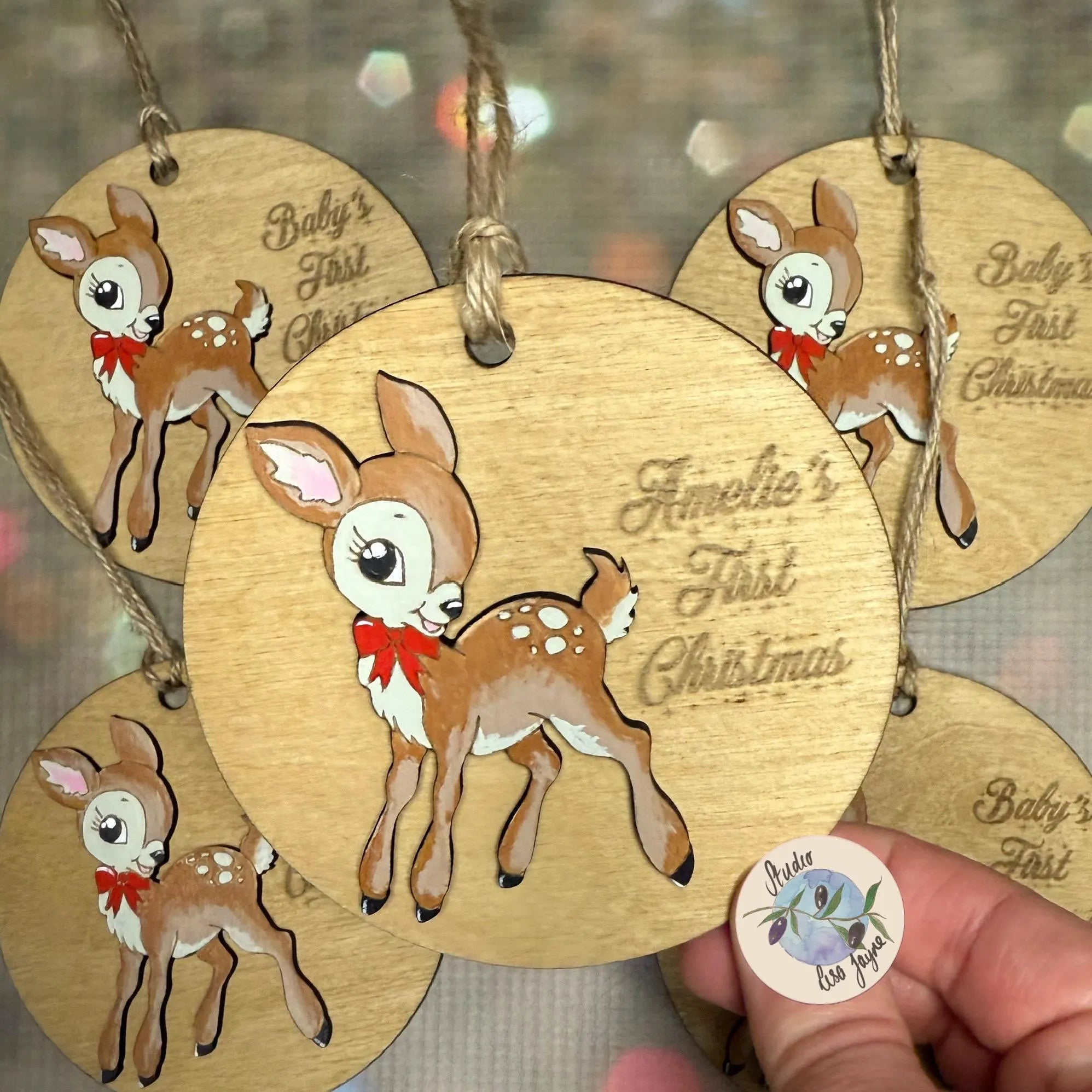 Baby's First Christmas Reindeer Vintage Deer Christmas Tree Decoration - Personalised Hand Painted Handmade Wooden Hanging Decor