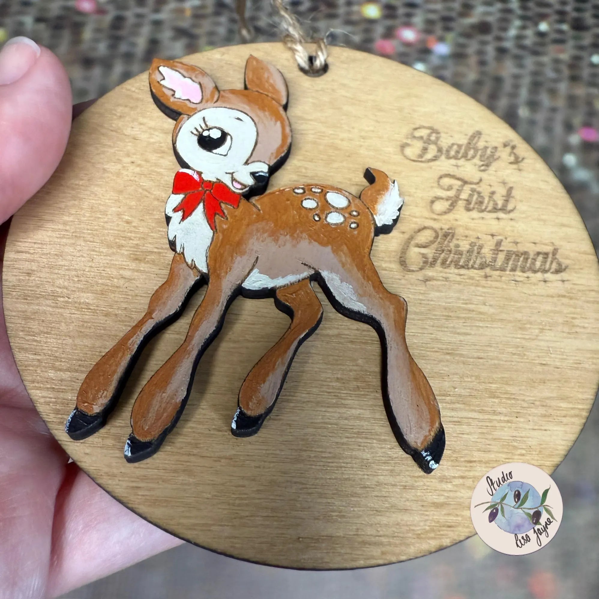 Baby's First Christmas Reindeer Vintage Deer Christmas Tree Decoration - Personalised Hand Painted Handmade Wooden Hanging Decor