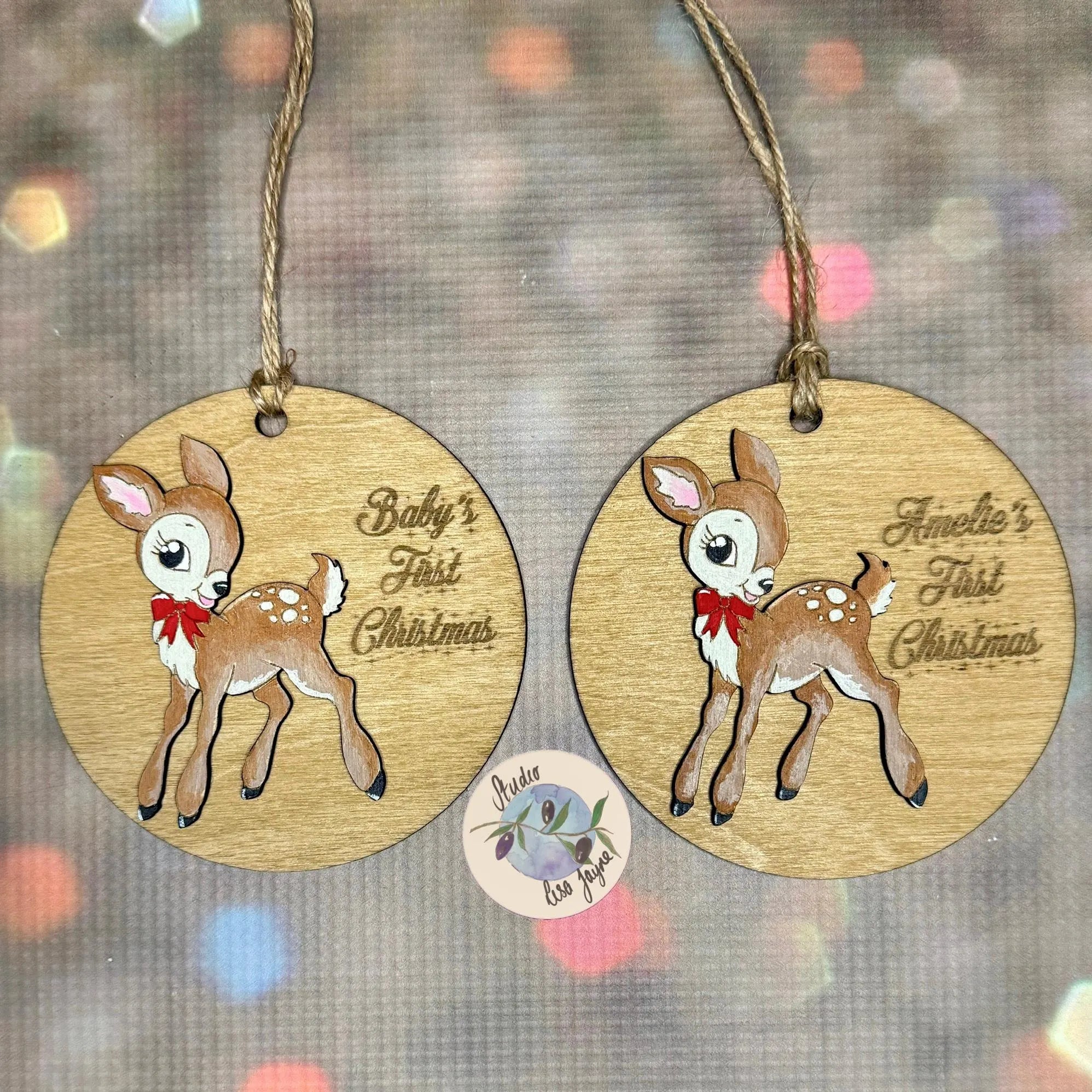 Baby's First Christmas Reindeer Vintage Deer Christmas Tree Decoration - Personalised Hand Painted Handmade Wooden Hanging Decor
