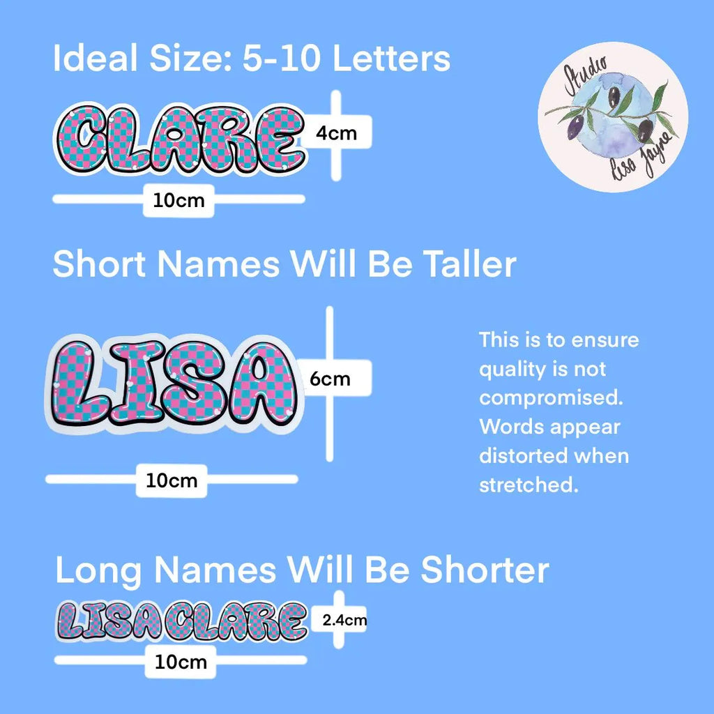 Chart showing ideal name size for different names on a blue background 