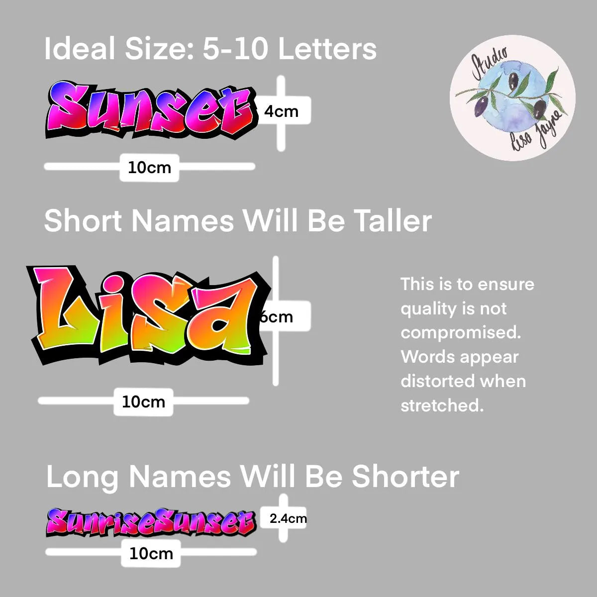 Colorful text graphics with size measurements on a gray background, featuring the brand 'Studio Lisa Payne'.