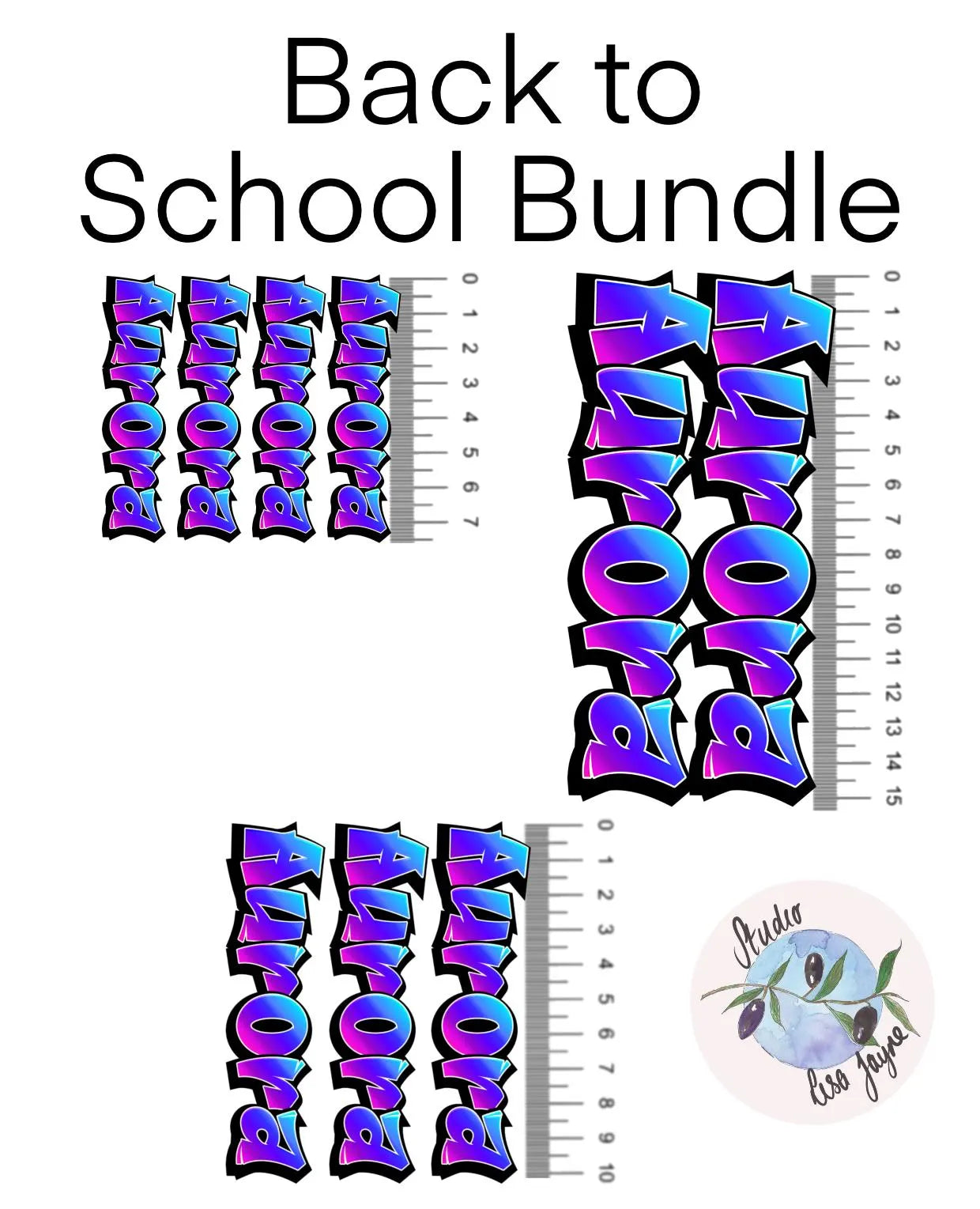 Back to School Bundle with colorful 'Alona' text and a ruler for scale on a white background.