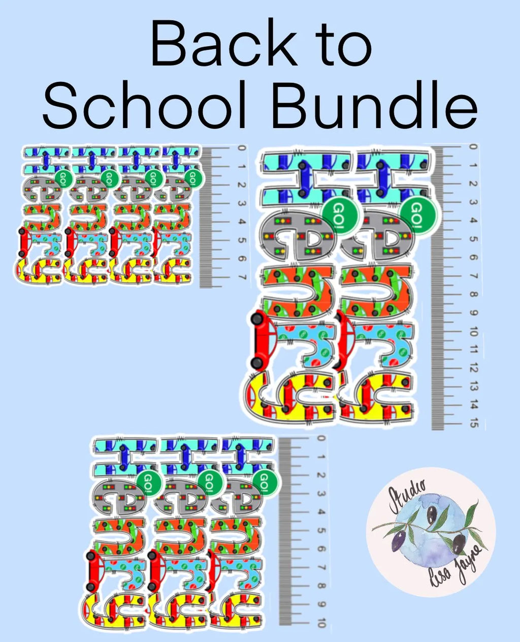 Back to School Bundle with colorful numbers and a ruler on a light blue background