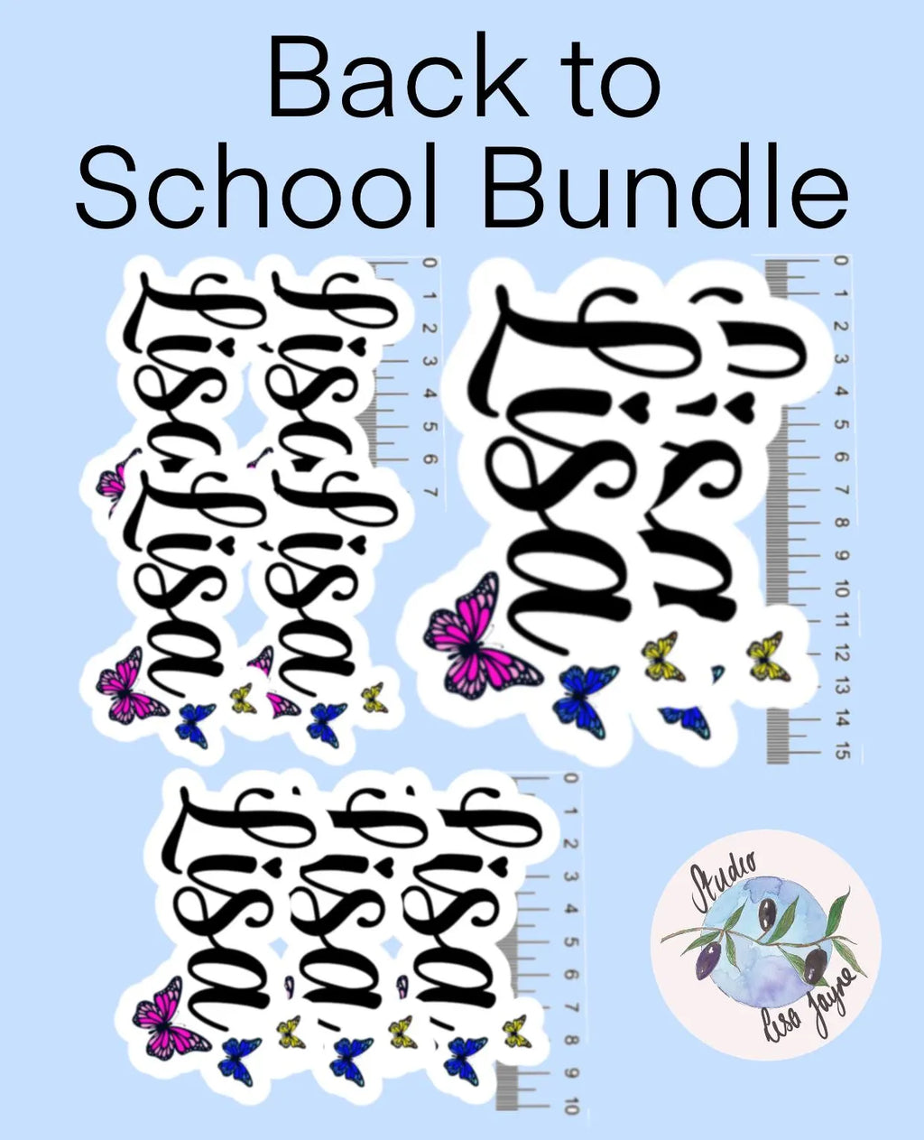 Sticker set with 'Lisa' text design on a blue background, featuring butterflies and a ruler.