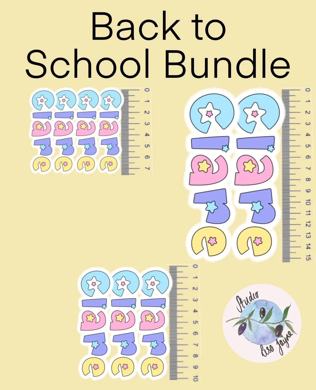 Back to School Bundle with colorful stickers and a ruler on a yellow background