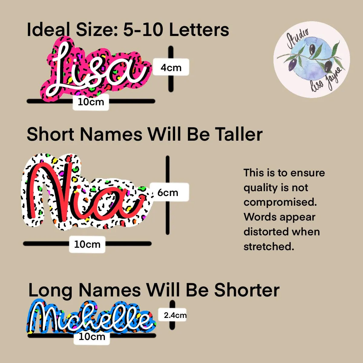 Chart showing ideal size for personalized names with measurements and branding information.