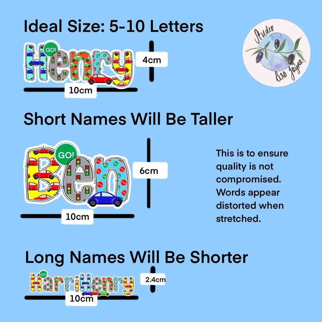 Comparison chart showing ideal letter size for names with 'GO Henry' and 'HERO Henry' examples on a blue background.