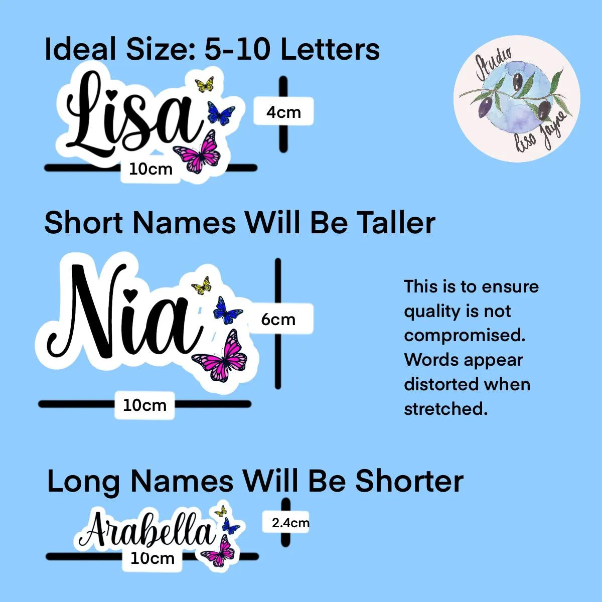 Comparison chart showing ideal name size for different names on a blue background with butterfly graphics.