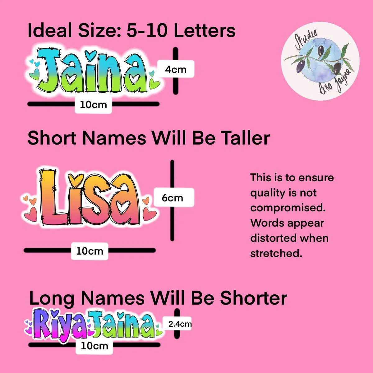 Comparison chart showing ideal name size on a pink background