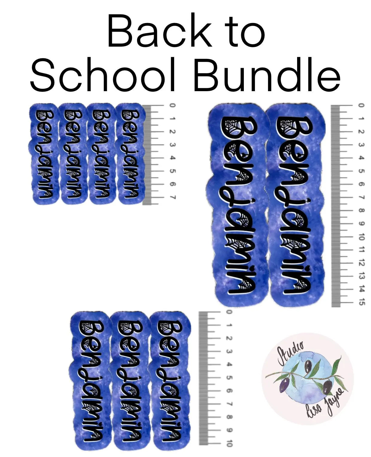 Benjamin Back to School Bundle with rulers and a sticker on a white background