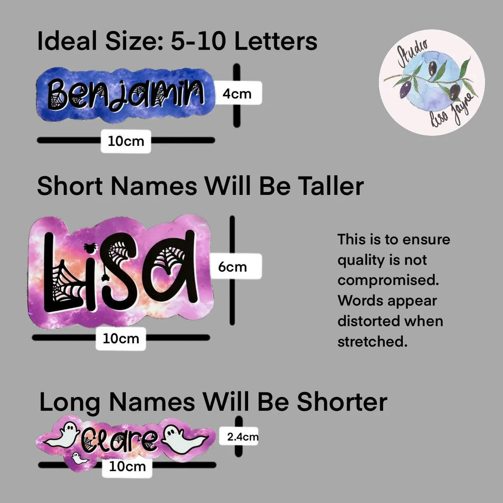 Chart showing ideal name size for labels with measurements and examples of names 'Benjamin', 'Lisa', and 'Clare'.