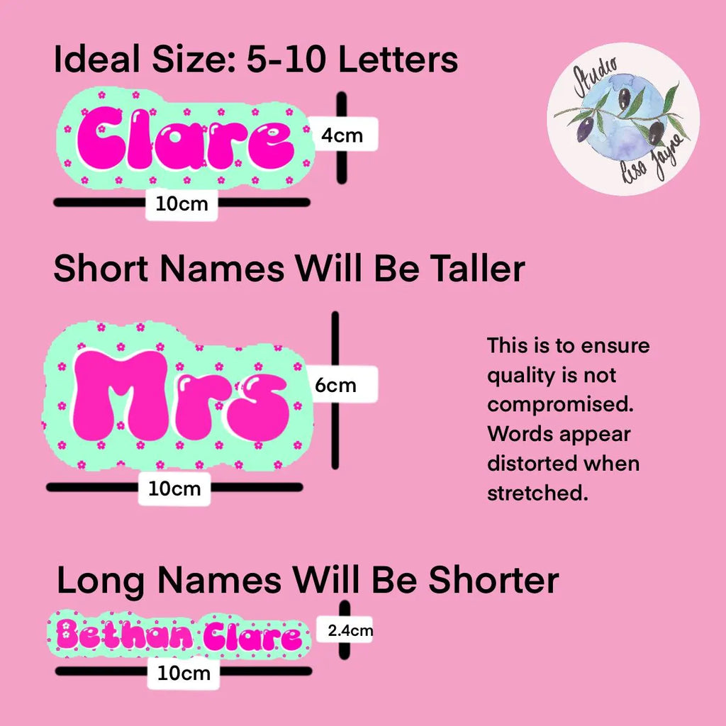 Measurement chart for name placards on a pink background with text and dimensions.