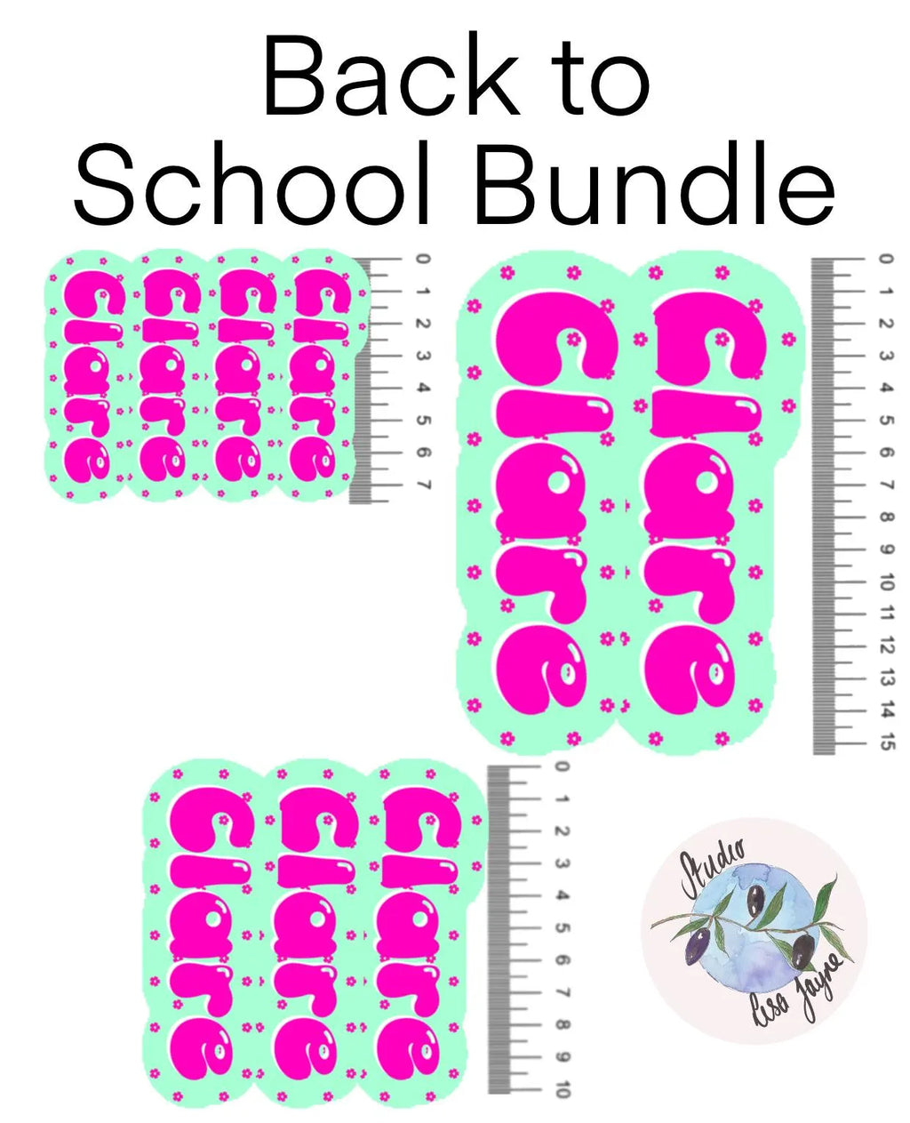 Back to School Bundle with personalized stickers and a ruler for size reference.
