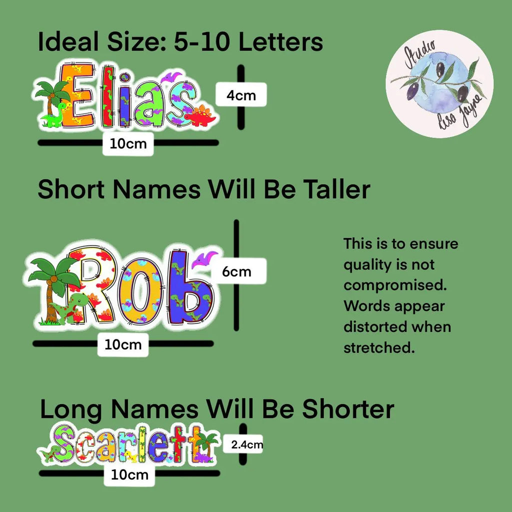 Chart showing ideal letter size for names with examples of 'Elias', 'Rob', and 'Scarlett' on a green background.