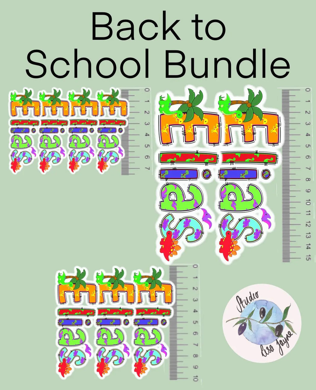 Back to School Bundle with colorful designs and a ruler on a green background