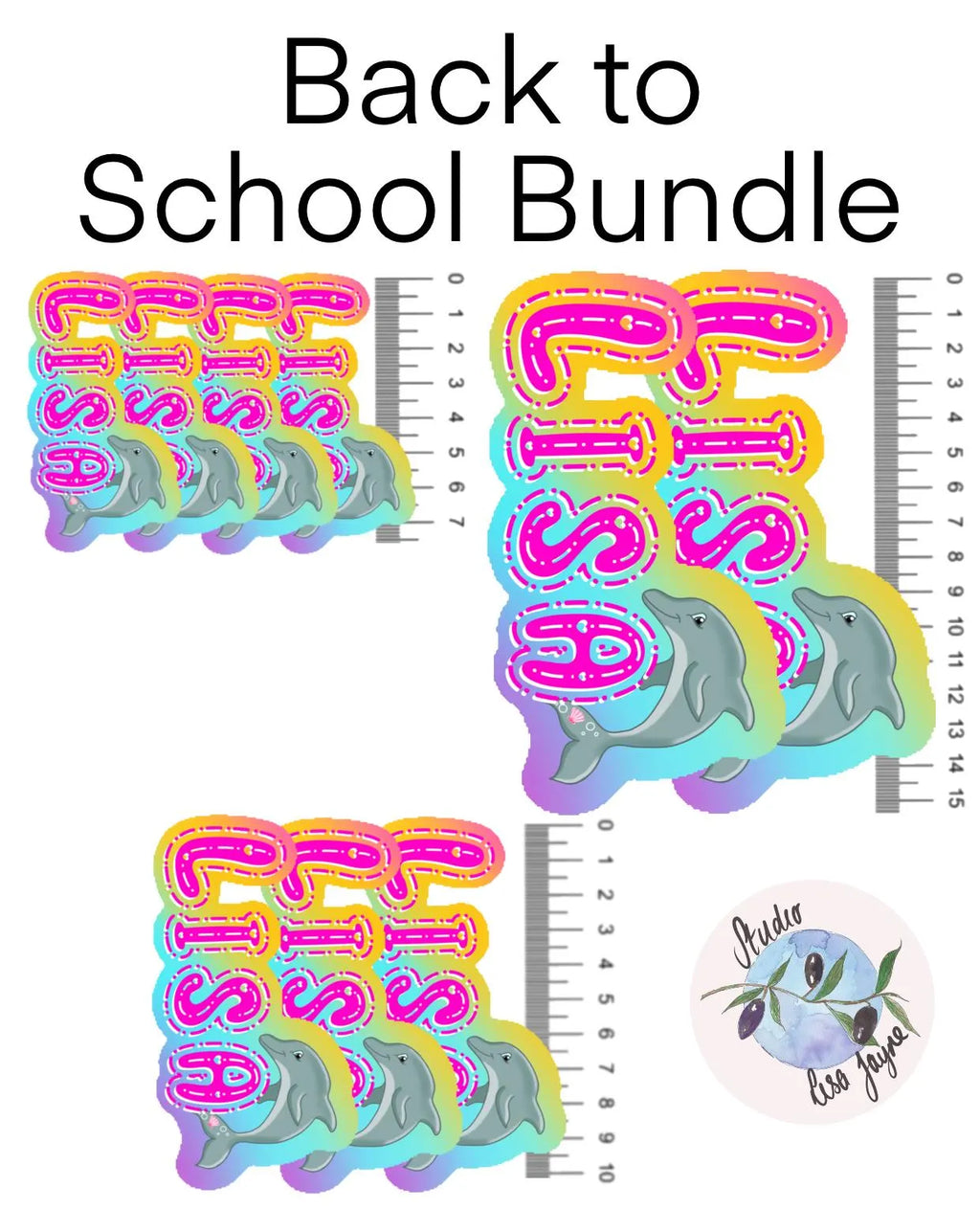 Back to School Bundle with colorful text and dolphin graphics on a white background.