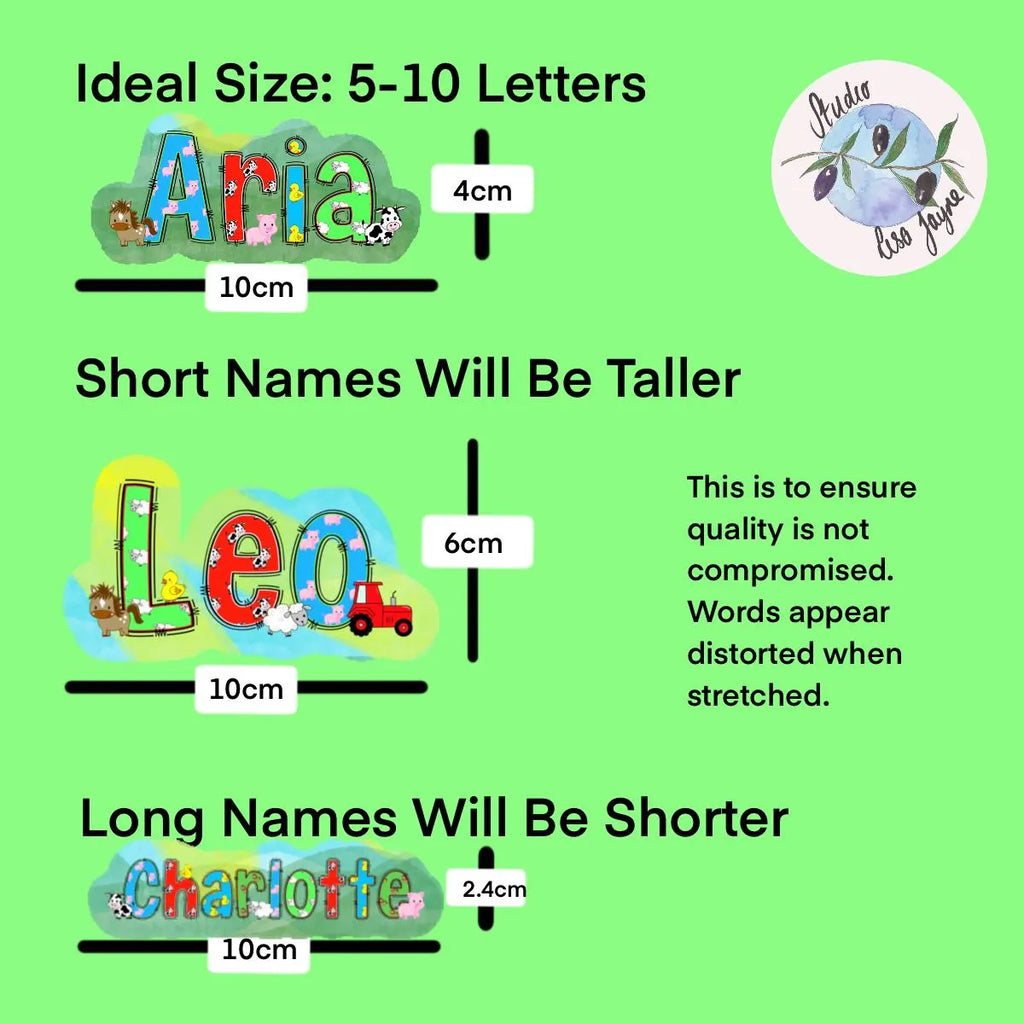 Comparison chart showing ideal letter size for names 'Aria', 'Leo', and 'Charlotte' on a green background.